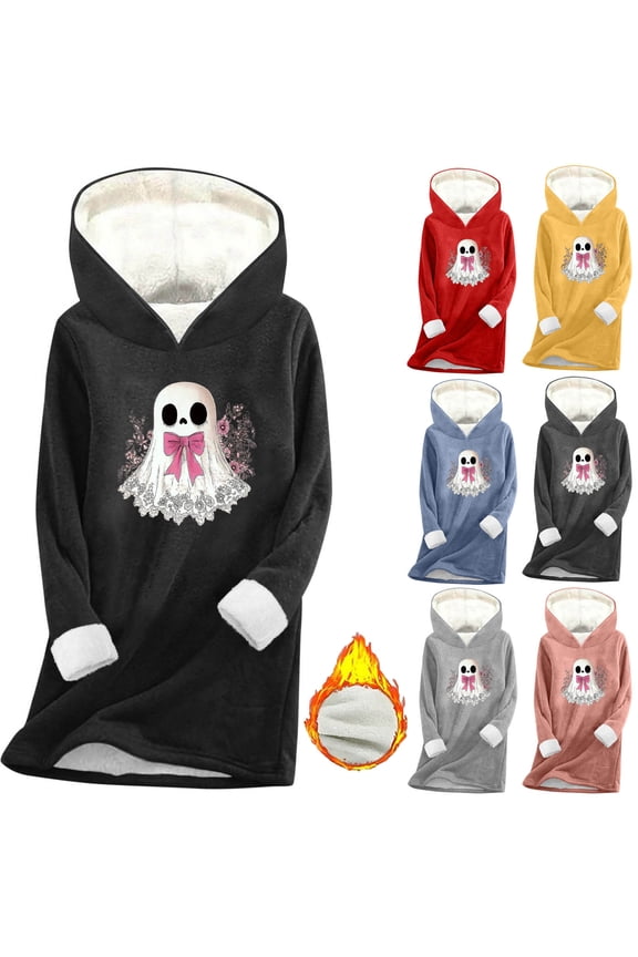 Halloween Sweatshirt for Women Oversized Sherpa Lined Pullover Hoodie Cute Ghost Graphic Print Long Sleeve Fleece Hooded Sweatshirt Loose Comfy Loungewear Tops Dark Gray M