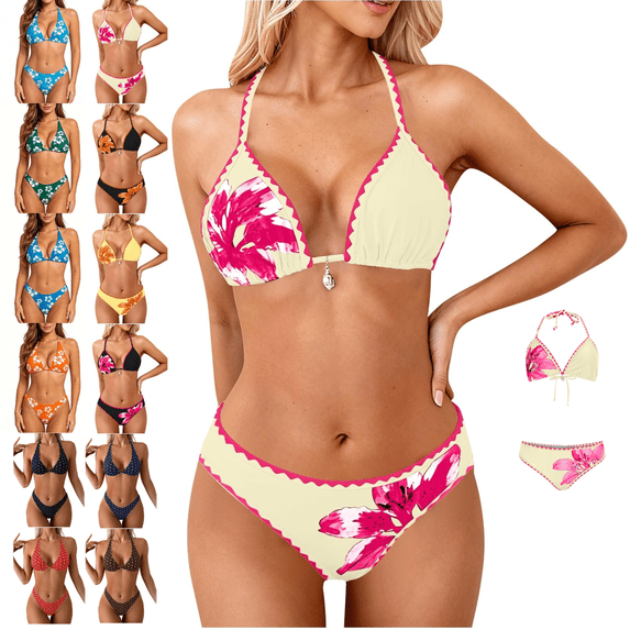 Yeaiivve Halter Bikini Sets for Women Two-piece Bathing Suit Floral Print Triangle Top Wavy Trim String Swimwear Fashion Casual Cheeky Swimsuits Orange,L