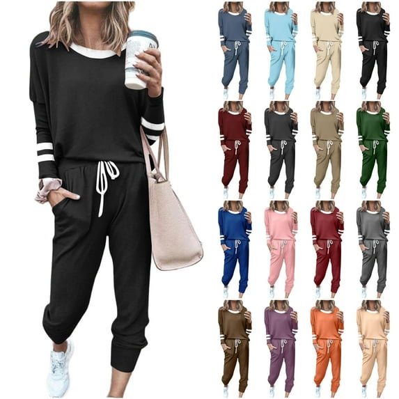 Yeaiivve Jogger Sets for Women 2 Piece Sweatsuit Outfits Striped Long Sleeve Pullover Sweatshirt and Sweatpants Tracksuit Set Wine L