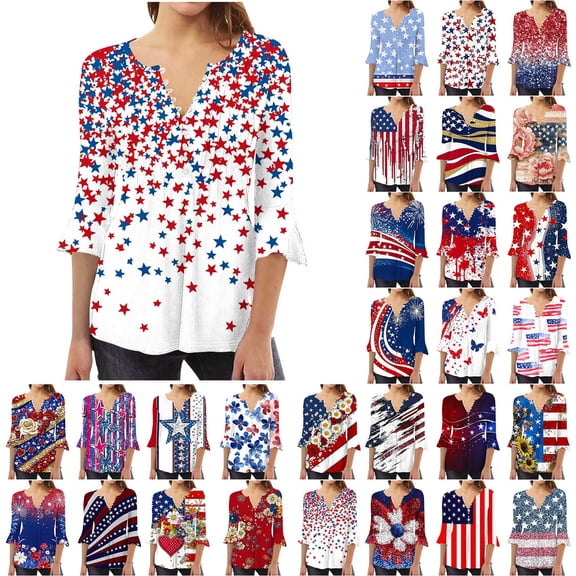 Yeaiivve July 4Th Shirts for Women Flared 3/4 Sleeve Patriotic Tunic Top Buttons V Neck Dressy Casual Pleated Blouses Work Shirts White,L