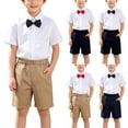thumbnail image 1 of Yeaiivve Kids Formal 3 Piece Outfits Short Sleeve Button Down Shirt with Bow Tie and Solid Color Shorts Toddler Boys School Uniform Navy 5 Years, 1 of 10