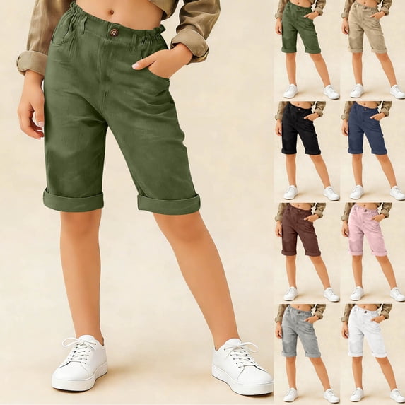 Yeaiivve Kids Girls School Uniform Shorts Boys Pull-On Fit Stretchy Chino Short Pants Straight Leg High Waisted Shorts with Pockets Pink,7-8 Years
