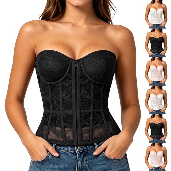 Yeaiivve Lace Bustier Corset Tops for Women Floral Embroidery Zipper Corsets Mesh Fishboned Waist Trainer Dressy Trendy Club Party Wear Pink S
