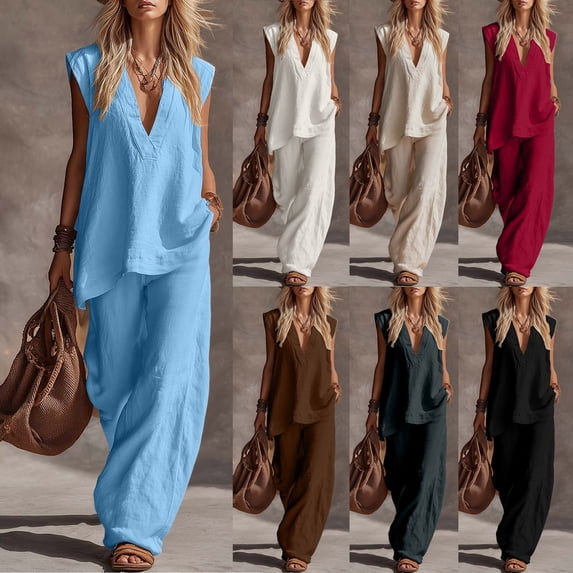 Yeaiivve Linen 2 Piece Outfits for Women Deep V Neck Sleeveless Top and Wide Leg Pants Set Baggy Lounge Matching Summer Sets White,XL
