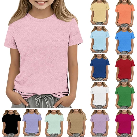 Yeaiivve Little Girls Tops Kids Jacquard Short Sleeve Crew Neck Tshirt Solid Color Loose Tunic Blouse Breathable Summer Casual Tees Fashion Gift Idea Hot Pink 5 Years
