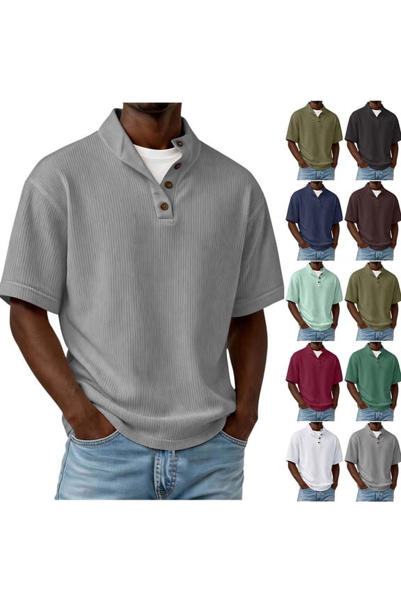 Men Short Sleeve Henley Shirts Corduroy Slim Fit Basic Tee Classic Summer Mock Neck Button Placket Tee Shirts Brown,S