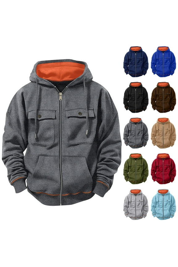 Mens Cargo Hoodies Fall Winter Casual Military Jacket Solid Color Full Zip Sweatshirt Long Sleeve Hooded Outwear Coat with Pockets Army Green M