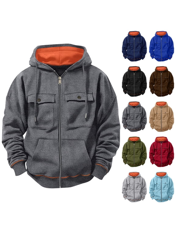 Mens Cargo Jacket Lightweight Fleece Lined Zip Up Hoodies Casual Military Jackets Outdoor Sports Coats Windbreaker Sky Blue L