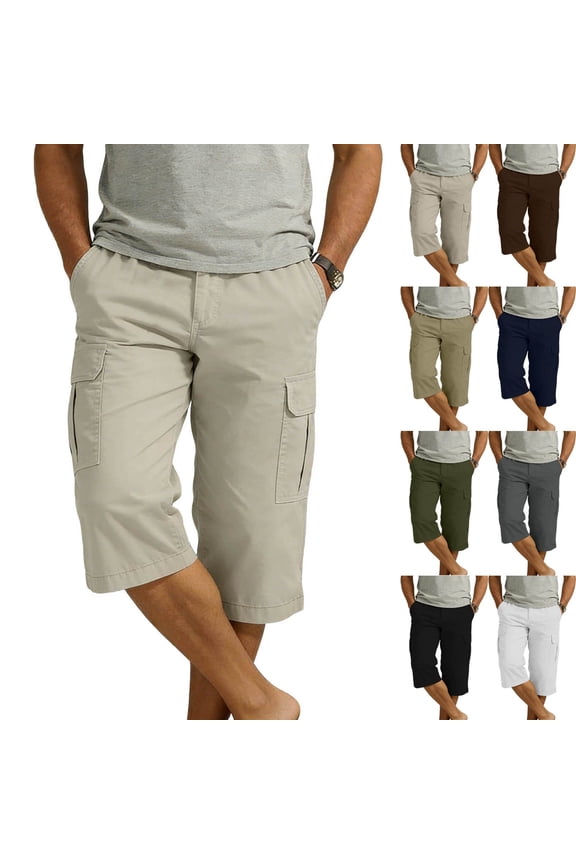 Mens Chino Capri Pant Slim-Fit Stretch Khaki Cropped Pant Twill Knee Length Casual Pants Vintage Beach Capris with Pockets Khaki,S