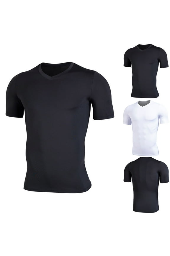 Mens Compression Shirt Short Sleeve Quick-Dry Tee Stretchy V-Neck T-Shirt Running Athletic Workout Base Layer Undershirt Black,XXL