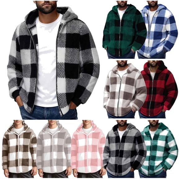 Yeaiivve Mens Fuzzy Sherpa Jacket Plaid Fleece Jackets Long Sleeve Full Zip Hoodie Coat Fall Winter Warm Outwear Army Green XXXL
