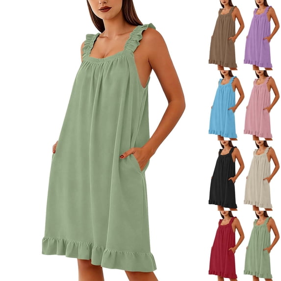 Yeaiivve Nightgowns for Women Sleeveless Ruffle Night Gown Loose Soft Comfy Ladies Sleepwear with Pockets Solid Color Nightdress Blue,XL