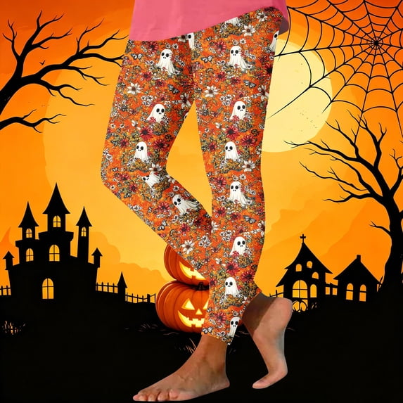 Yeaiivve Novelty Printed Leggings for Women Halloween Spooky Ghost Tights Stretchy Seamless Workout Legging Buttery Soft Cozy Pajama Bottoms L