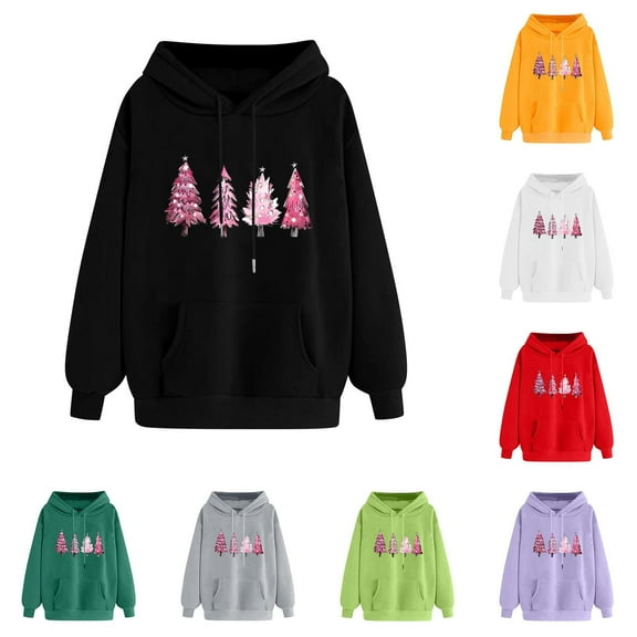 Yeaiivve Pink Christmas Tree Hoodies for Women Kangaroo Pocket Hooded Sweatshirt Casual Holiday Pullover Hoodie Lightweight Drawstring Sweatshirts White M