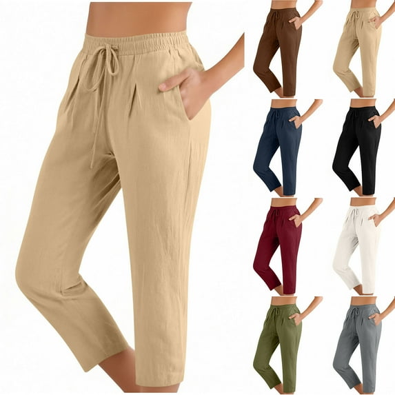 Yeaiivve Plus Size Capris for Women Casual Athletic Yoga Capri Pants Drawstring Waist Cotton Linen Cropped Pants with Pockets Wine L