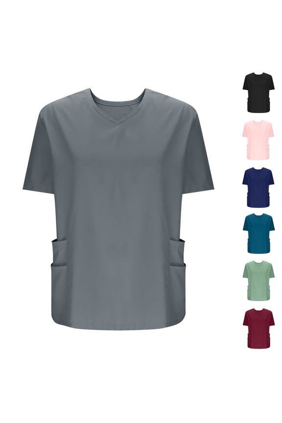 Plus Size Scrub Tops for Women with Muti-Pockets Short Sleeve V-Ncek Scrubs T-Shirts Solid Color Stretch Basic Work Tops Nursing Unifrom Pink,S
