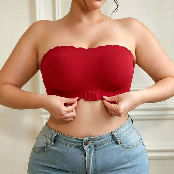 Yeaiivve Plus Size Strapless Bras for Women Front Closure Push Up Bra Solid No Underwire Bras Back-Smoothing Seamless Tube Tops 5XL Red