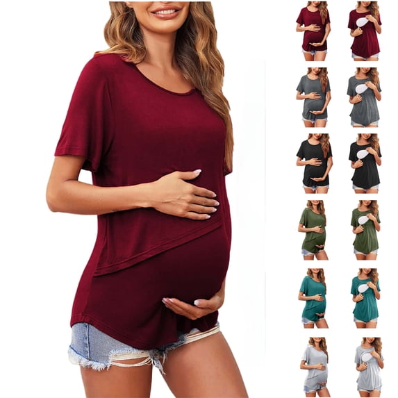 Yeaiivve Postpartum Nursing Tops Layered Maternity T-Shirts Short Sleeve Breastfeeding Pregnancy Tee Top Solid Color Casual Shirts for Pregnant Moms Wine XL