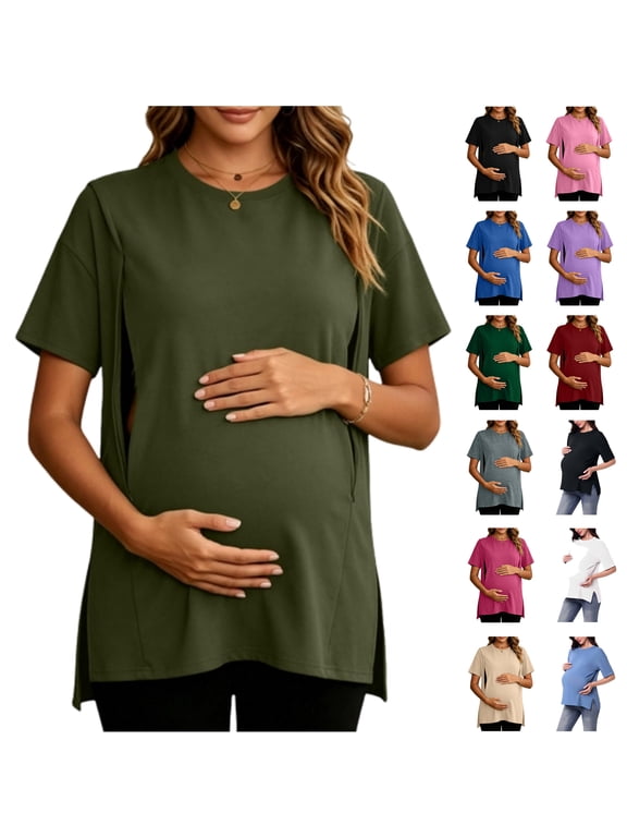 Pregnancy Shirts for Women Zipper Maternity Nursing Tops Short Sleeve Split Side Breastfeeding T-Shirt Loose Fit Casual Pregnant Tee Shirt Pink 3XL