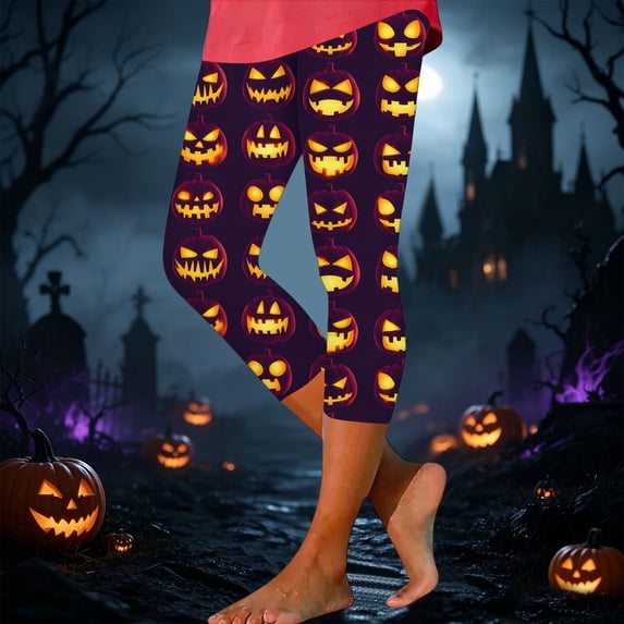 Yeaiivve Print Capris for Women Halloween Pumpkin Graphic Skinny Pants Elastic High Waist Workout Legging Stretchy Cozy Pajama Bottoms L