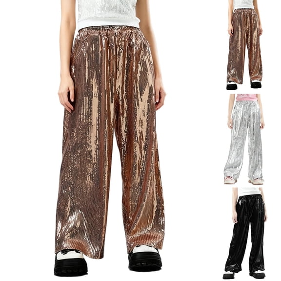 Yeaiivve Sequin Pants for Girls Sparkle Elastic Waist Dance Pants with Pocket Shiny Wide Leg Trousers Glitter Performance Costumes Black 120