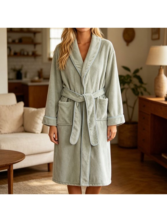 Shawl Collar Robes for Women Long V Neck Kimono Robe Knee Length Soft Cozy Bathrobe Shawl Collar Belt Wrap Robe For Spa and Hotel with Pockets Green Free Size