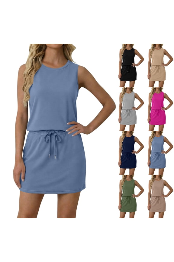 Sleeveless Romper Dress Women Bodycon Twist Waist Side Skort Atheletic Mini Dresses Built In Shorts Fashion Golf Tennis Dress Black,S