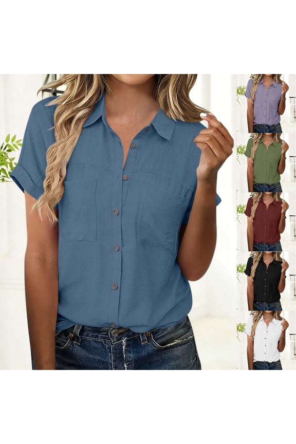 Summer Button Down Shirts for Women Short Sleeve Gauze Shirt Solid Linen Shirts Collared Casual Dressy Blouse Work Tops 2026 Blue,S