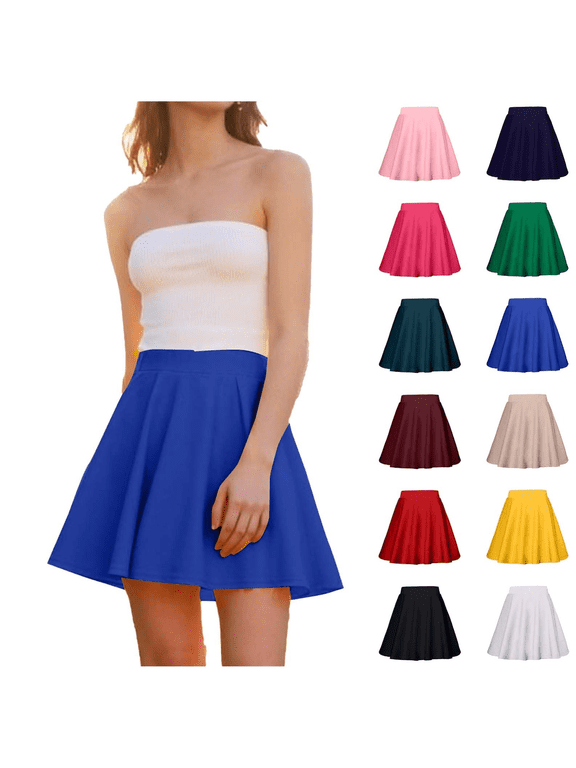 Summer Skirts for Women Elastic Waist Flowy Pleated Skirts Casual A-Line Mini Skater Skirt Flared Plain Basic Skirts Red,M