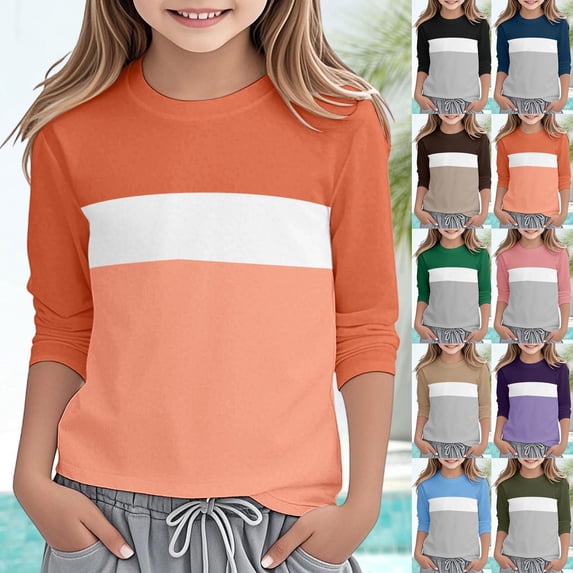 Yeaiivve Summer Tops for Girls 3/4 Sleeve Round Neck T Shirts Trendy Color Block Graphic Tees Little Girl Athletic Workout T-Shirt Black 130