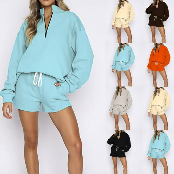 Yeaiivve Sweatsuits for Women 2 Piece Set Quarter Zip Pullover and Drawstring Waist Shorts Tracksuit Sets Solid Casual Sports Outfits Gray XXL