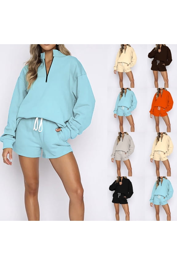 Sweatsuits for Women 2 Piece Set Quarter Zip Pullover and Drawstring Waist Shorts Tracksuit Sets Solid Casual Sports Outfits Orange M