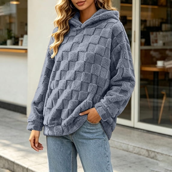 Yeaiivve Textured Fleece Hoodies for Women Winter Fluffy Long Sleeve Hooded Pullover Sweatshirt Casual Loose Fuzzy Hoodie Cozy Soft Loungewear M