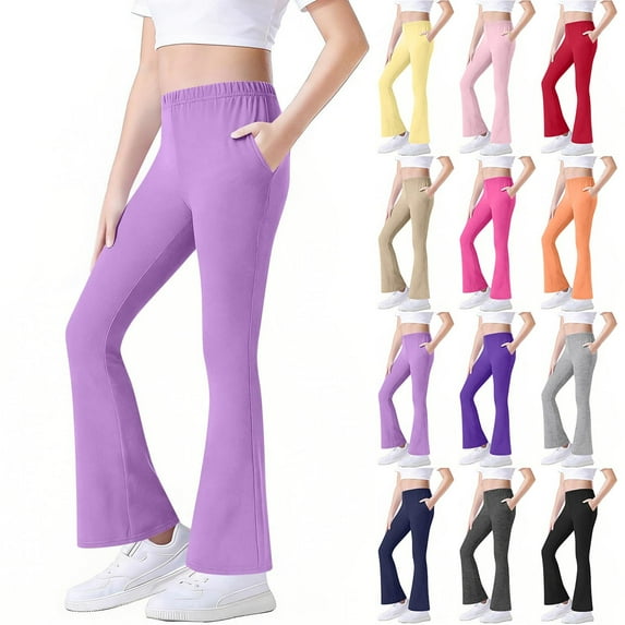 Yeaiivve Toddle Girls Yoga Pants With Side Pockets Elastic Waist Flared Leg Pants Solid Color Workout Dance Tights for Girls