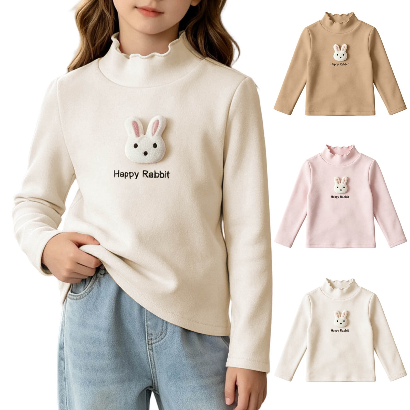 Yeaiivve Toddler Girls Long Sleeve Tops Ruffle Mock Neck Happy Rabbit Graphic Cute Tees Fall Casual T-Shirts Thin Fleece Thermal Undershirts for Kids Beige 2-3 Years