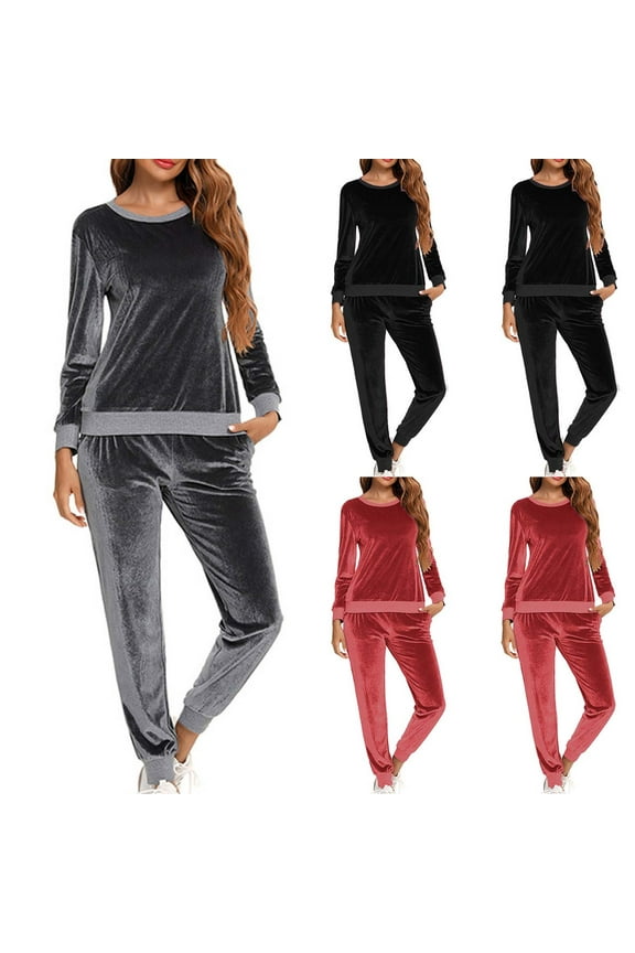 Track Suits for Women Velour Lounge Sweatsuits 2 Piece Set Crewneck Long Sleeve Tops and Pants Matching Sets Pink L