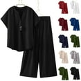 thumbnail image 1 of Yeaiivve Two Piece Outfit For Women Short Sleeve V Neck T Shirt and Wide Leg Pants Sets Summer Casual Travel Outfits Comfy Airport Loungewear White M, 1 of 8