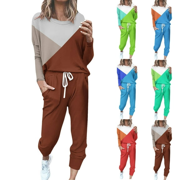 Yeaiivve Two Piece Outfits for Women Color Block Long Sleeve Crewneck Pullover Tops and Pants Jogger Sweatsuits Lounge Tracksuit Set with Pockets Sky Blue XXXL
