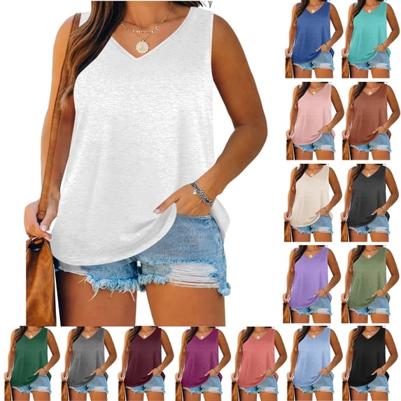 Yeaiivve V Neck Plus Size Tank Tops for Women Loose Fit Sleeveless Summer T-Shirts Solid Color Breathable Workout Tanks Comfort Basic Undershirts White L