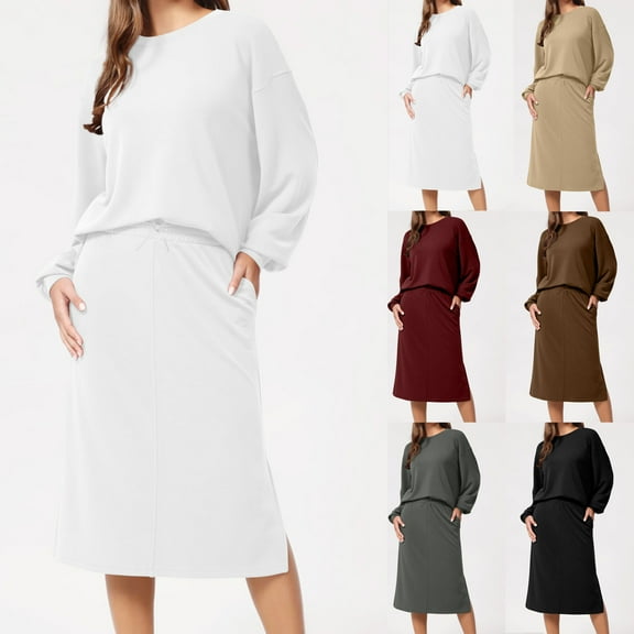 Yeaiivve Women 2 Piece Outfits Solid Sweatshirt Skirt Sets Fall Casual Long Sleeve Pullover Top Bodycon Midi Skirts Lounge Travel Set White M