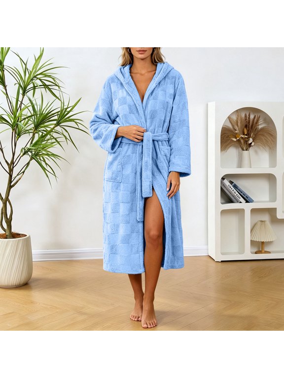 Women Fleece Hooded Robes Texture Cute Wrap Robe Plush Absorbent Long Bathrobe Winter Warm Fluffy Sleepwear with Pockets and Belt Blue Free Size