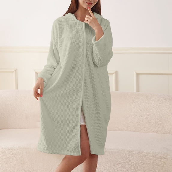 Yeaiivve Women Fuzzy Hooed Robes Knee Length Button Front Spa Robes Absorbent Quick Dry Bathrobes Lightweight Soft Cozy Sleepwear Green Free Size