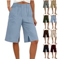 thumbnail image 1 of Yeaiivve Women Linen Bermuda Shorts Side Slit Pull On Shorts High Waist Wide Leg Beach Resort Pants Baggy Five-Point Casual Pants with Pockets Gray,L, 1 of 6