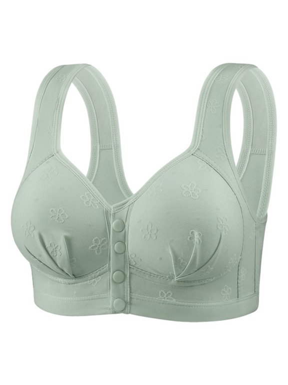 Women Plus Size Front Closure Bra Wide Straps Push Up Brassieres Cozy Full Coverage No Underwire Bras Fashion Flower Textured Brassiere 36 Green
