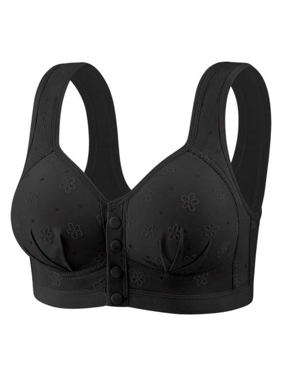 Women Plus Size Front Closure Bra Wide Straps Push Up Brassieres Cozy Full Coverage No Underwire Bras Fashion Flower Textured Brassiere 40 Black