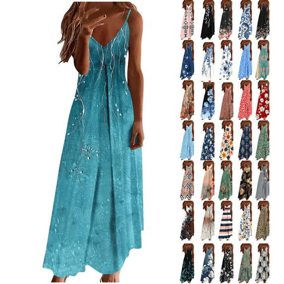 Yeaiivve Women Summer Dresses Vintage Floral Spaghetti Strap Maxi Dress V Neck Boho Long Sun Dresses Hawaiian Vacation Outfits for Women Multicolor,XXXL