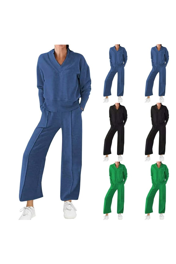 Women's 2 Piece Outfits Cotton Sweatsuit Oversized V Neck Pullover Top and Wide Leg Pants Tracksuit Jogging Matching Suit Blue M