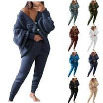 Yeaiivve Women's 2 Piece Outfits Fall Knit Lounge Sets V Neck Cardigan Sweaters Wide Leg Pants Tracksuit Set Army Green M