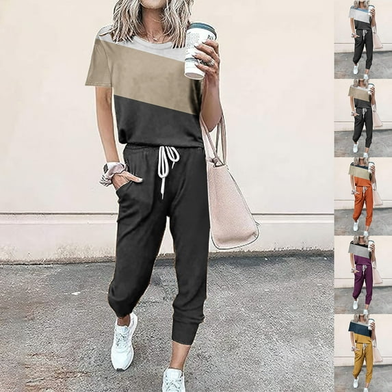 Yeaiivve Women's Color Block 2 Piece Tracksuit Short Sleeve Crewneck Tops and Drawstring Sweatpants Outfit Sets Jogging Matching Suits Gray L