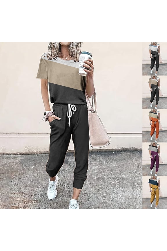 Women's Color Block 2 Piece Tracksuit Short Sleeve Crewneck Tops and Drawstring Sweatpants Outfit Sets Jogging Matching Suits Khaki S